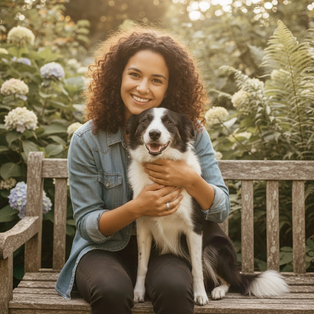 Woman sitting on a garden bench hugging her happy dog, symbolizing the bond captured in our custom dog nose print ring keepsake jewelry