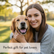 Smiling woman hugging her golden retriever in the park, showcasing a personalized pet nose print ring on her hand – unique custom jewelry and sentimental pet lover gift