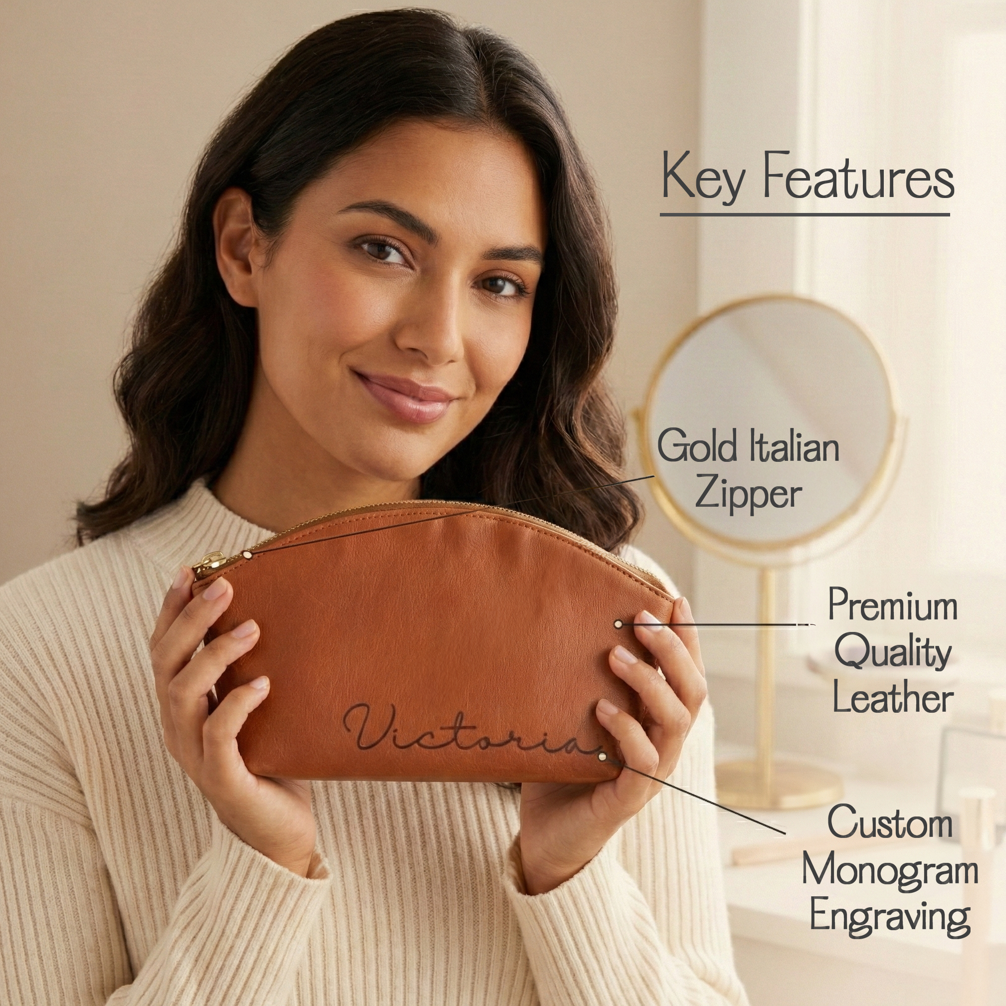 Elegant monogrammed leather makeup bag personalized with initials, designed as a durable cosmetic organizer for travel or daily use, featuring a roomy interior that keeps beauty essentials neatly stored and easily accessible inside a stylish pouch.