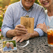 Older couple holding a personalized wooden flask outdoors. Engraved flask gift for dad or grandpa, designed as a meaningful keepsake.