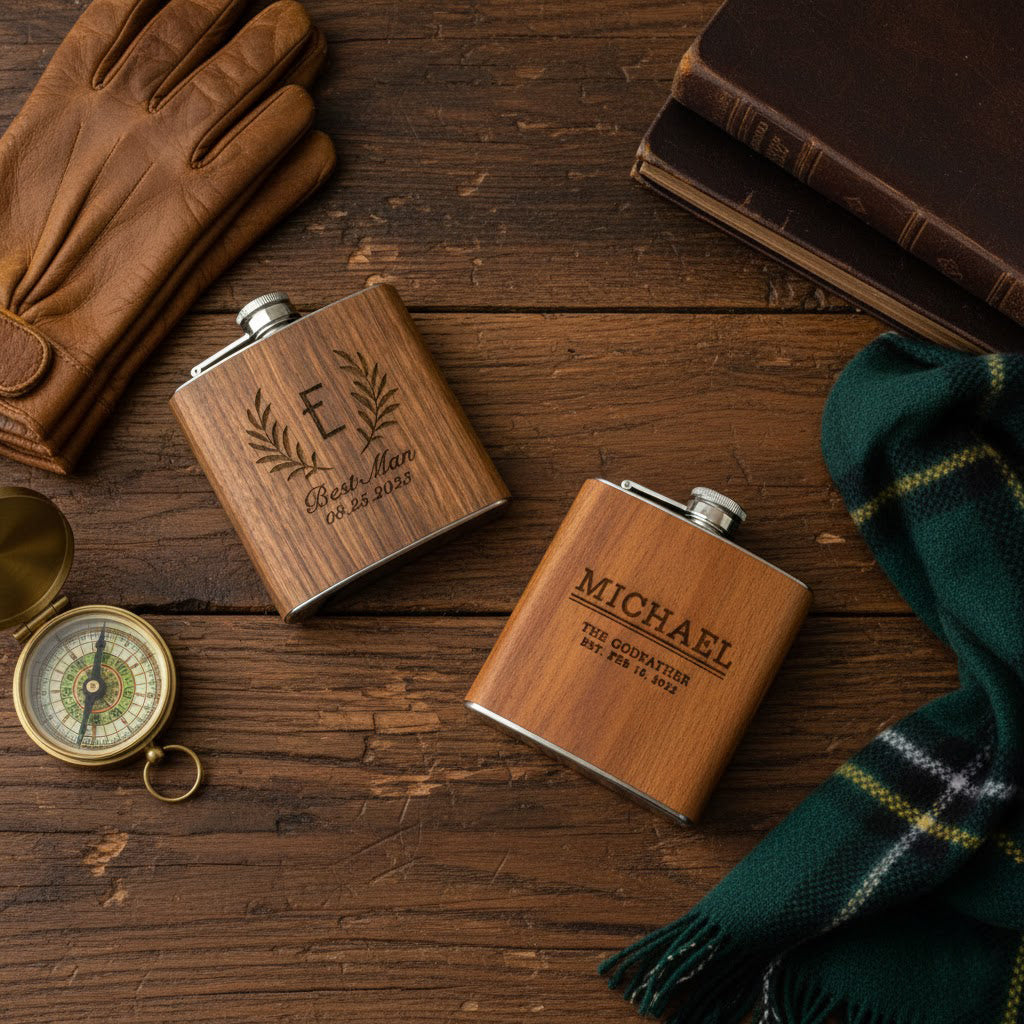 Engraved wooden flask styled with gloves and compass on rustic surface. Personalized flask gift for men who love classic style.