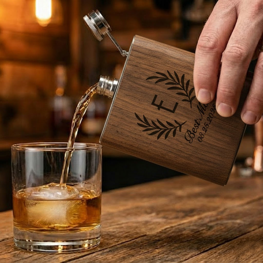 Personalized wooden flask pouring whiskey into glass, featuring engraved monogram design. Custom engraved flask made for bourbon and whiskey lovers.