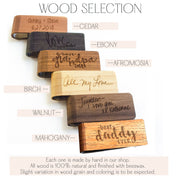 wood selections for money clip include cedar, ebony, afromosia, birch, walnut and mahogany. Great gift for dads, Father's Day, Retirement, new job or promotion or for your wedding party, dad gift, fathers day gift, gift for dad, gift for him, christmas, groomsman gift, promotion gift, grad gift, graduation gift. anniversary gift, 5th wedding anniversary, fifth wedding anniversary, wedding party gift