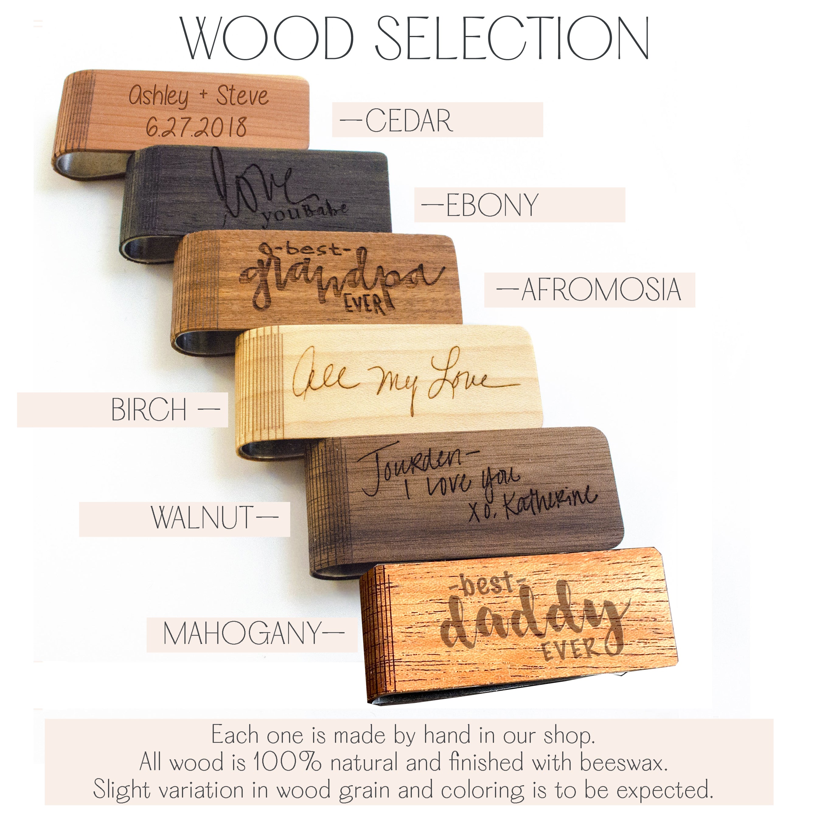 wood selections for money clip include cedar, ebony, afromosia, birch, walnut and mahogany. Great gift for dads, Father's Day, Retirement, new job or promotion or for your wedding party, dad gift, fathers day gift, gift for dad, gift for him, christmas, groomsman gift, promotion gift, grad gift, graduation gift. anniversary gift, 5th wedding anniversary, fifth wedding anniversary, wedding party gift