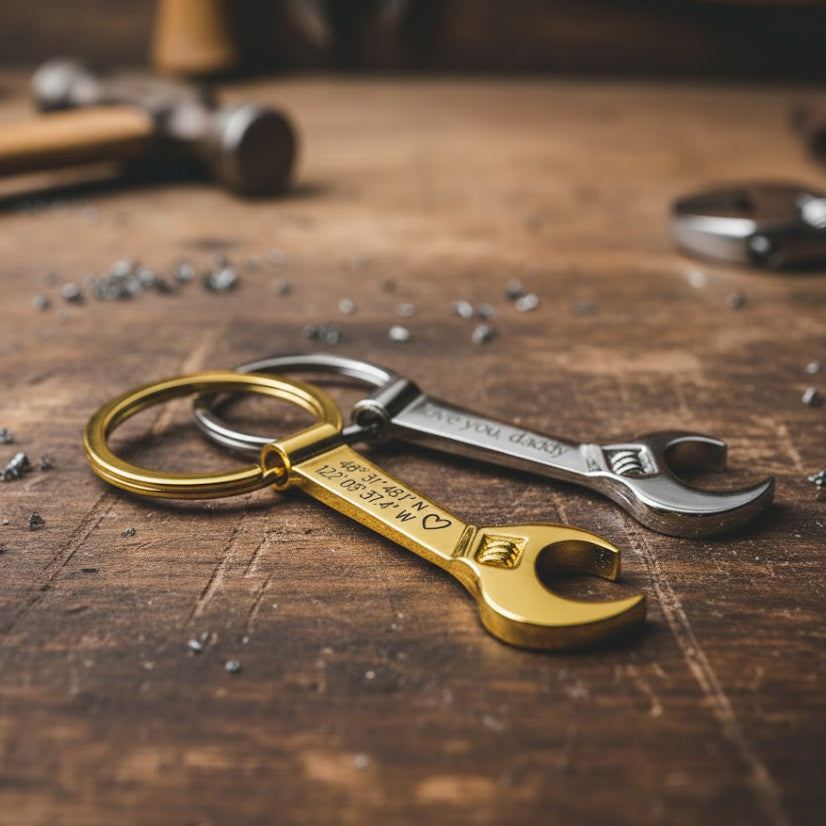 Single gold toned wrench keychain with special GPS coordinates engraved and a heart emoji. Single silver tone wrench keychain engraved with special message. bottle opener keychain