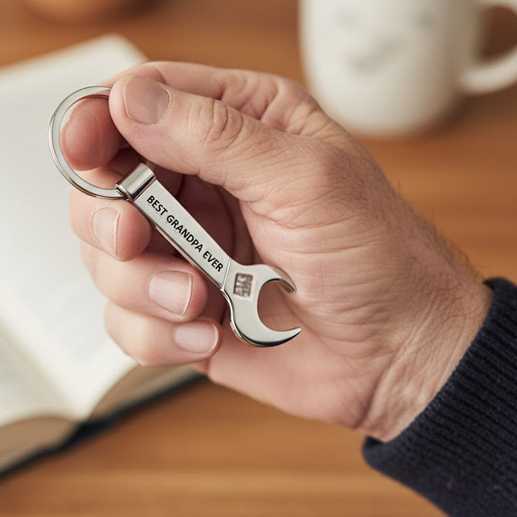 Close up of a man’s hand holding a stainless steel wrench keychain engraved “Best Grandpa Ever,” personalized tool key ring, unique gift for grandpa, Father’s Day or Christmas present, custom engraved keychain for handy grandpa.