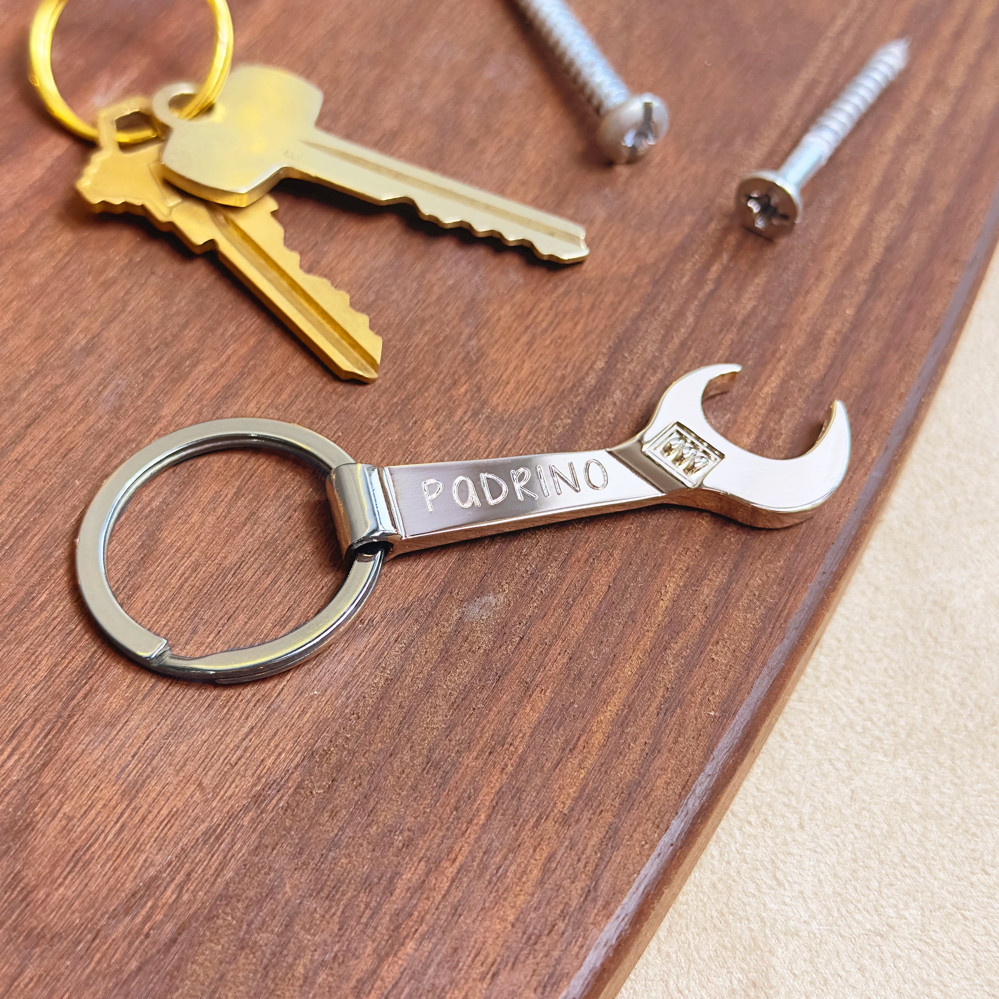 Personalized Wrench Bottle Opener Keychain, Silver or Gold Custom Engraved Gift for Handyman, Blue Collar Gifts for Men, Keychain with Custom Message