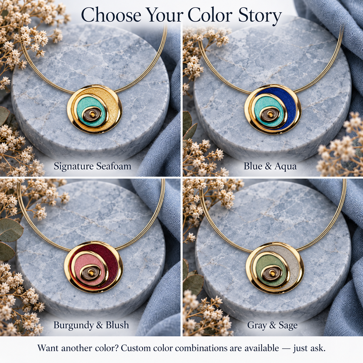 Boho spiral necklace color options in turquoise, blue, burgundy and sage combinations
