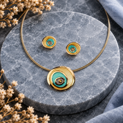 Boho Evil Eye Jewelry Set, Rose Gold Bohemian Chic Statement Necklace, Swirl Spiral Circle Pendant and Stud Earrings, Mother's Day Gift for Women