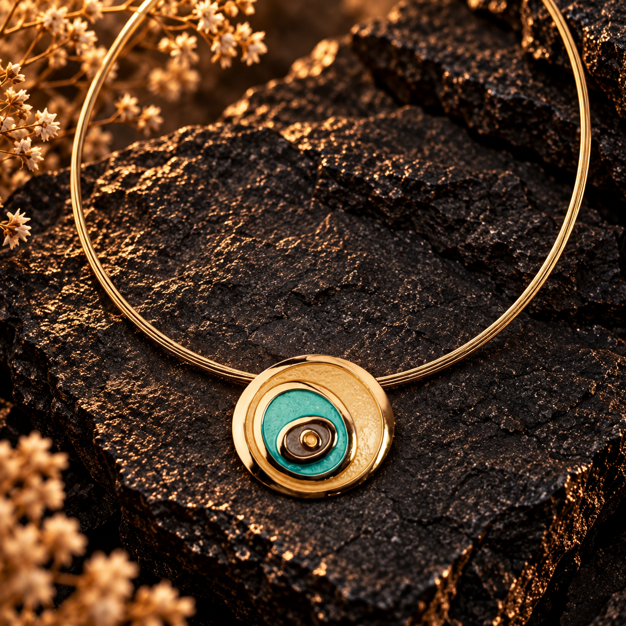 Boho evil eye spiral necklace with turquoise and gold round pendant on dark stone background

