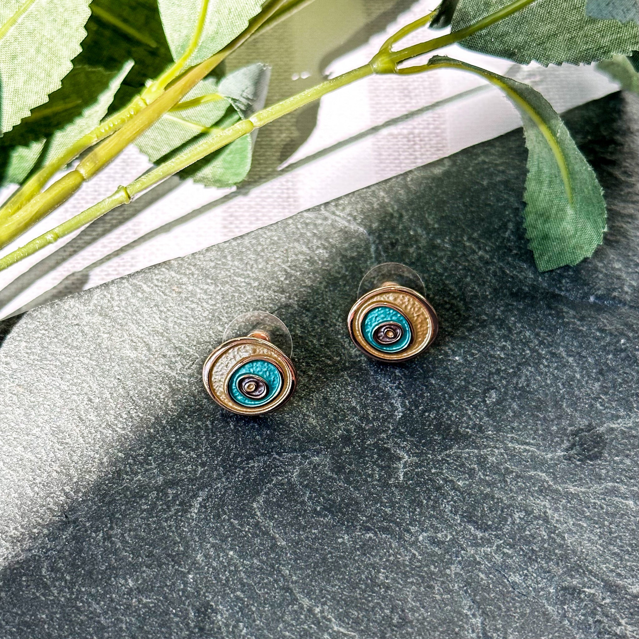 Boho Evil Eye Stud Earrings Teal and Rose Gold Women's Stud
