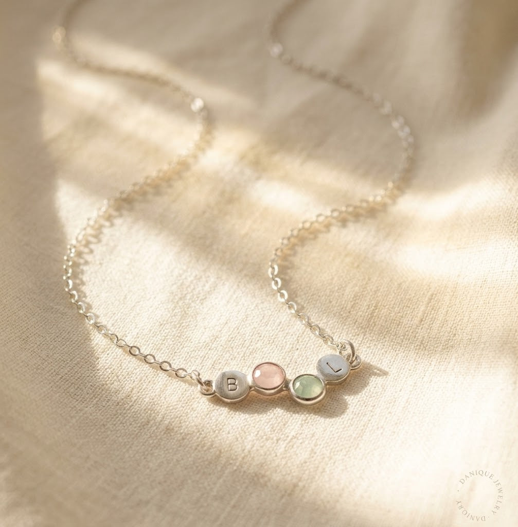 Sterling silver personalized birthstone and initial connector necklace
