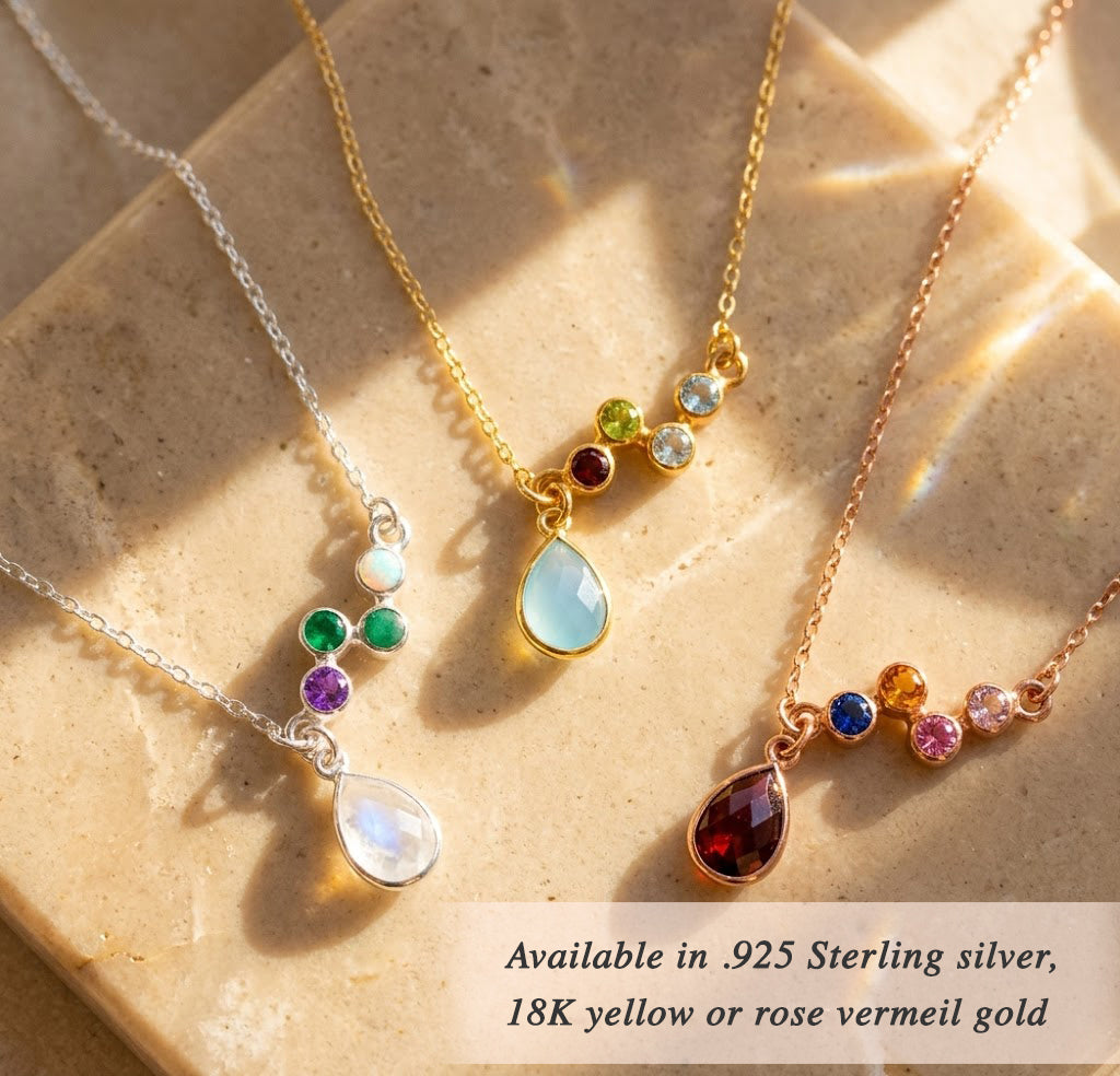 Custom family birthstone necklaces for mom in sterling silver yellow gold and rose gold