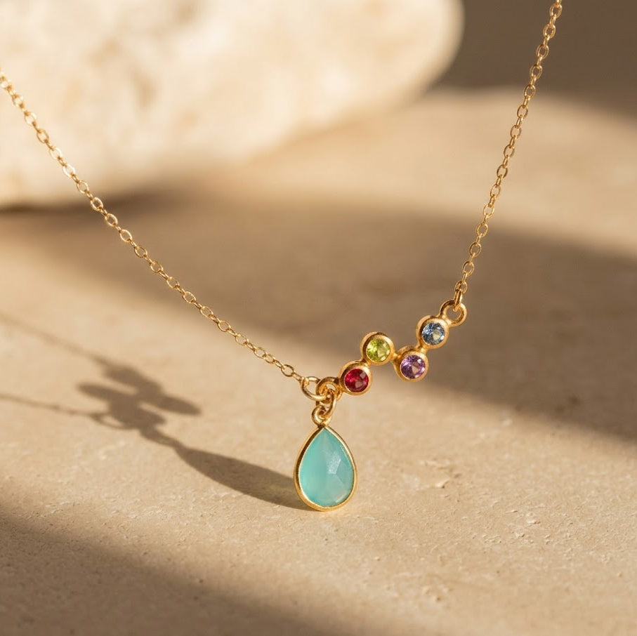 Custom birthstone necklace for mom with teardrop charm and kids birthstones in gold
