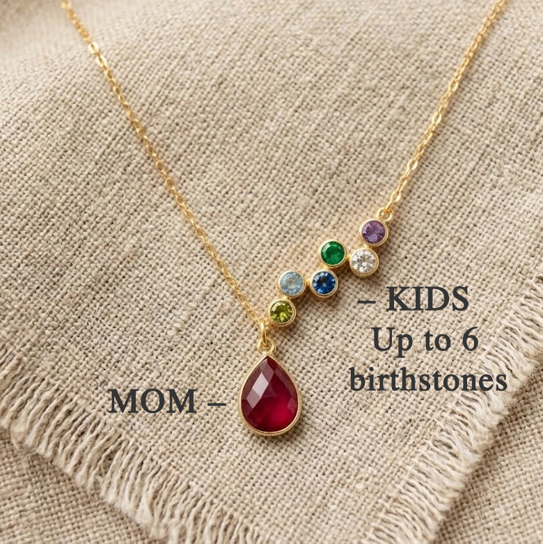 Mother wearing custom birthstone necklace with children, meaningful gift for mom