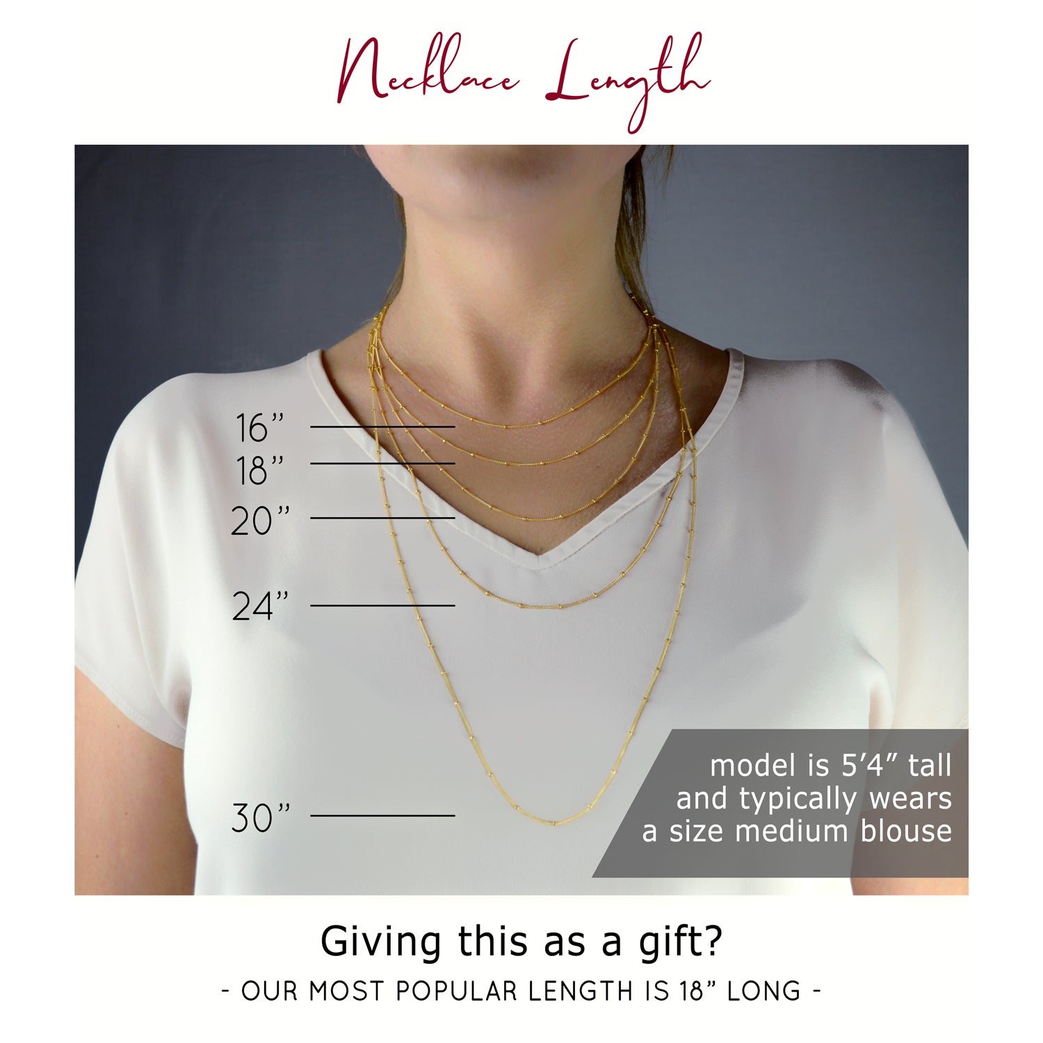 Available chain lengths are 16 inches, 18 inches, 20 inches, 24 inches, 30 inches. Our most popular length is 18 inches long