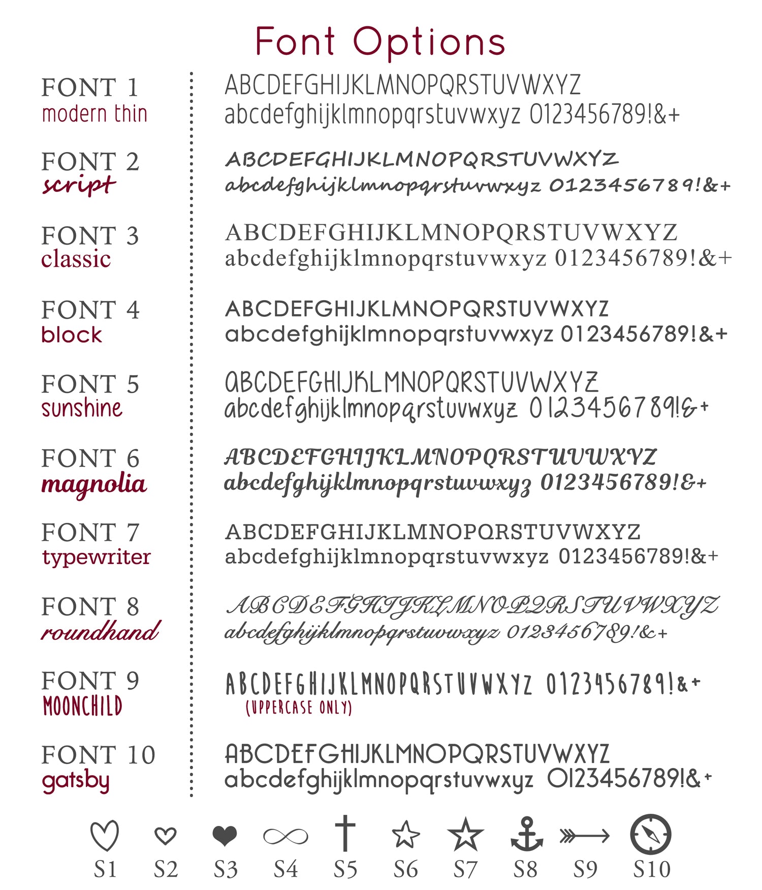 Use one of our stylish font options to engrave a message, special quote, date or GPS coordinates.  