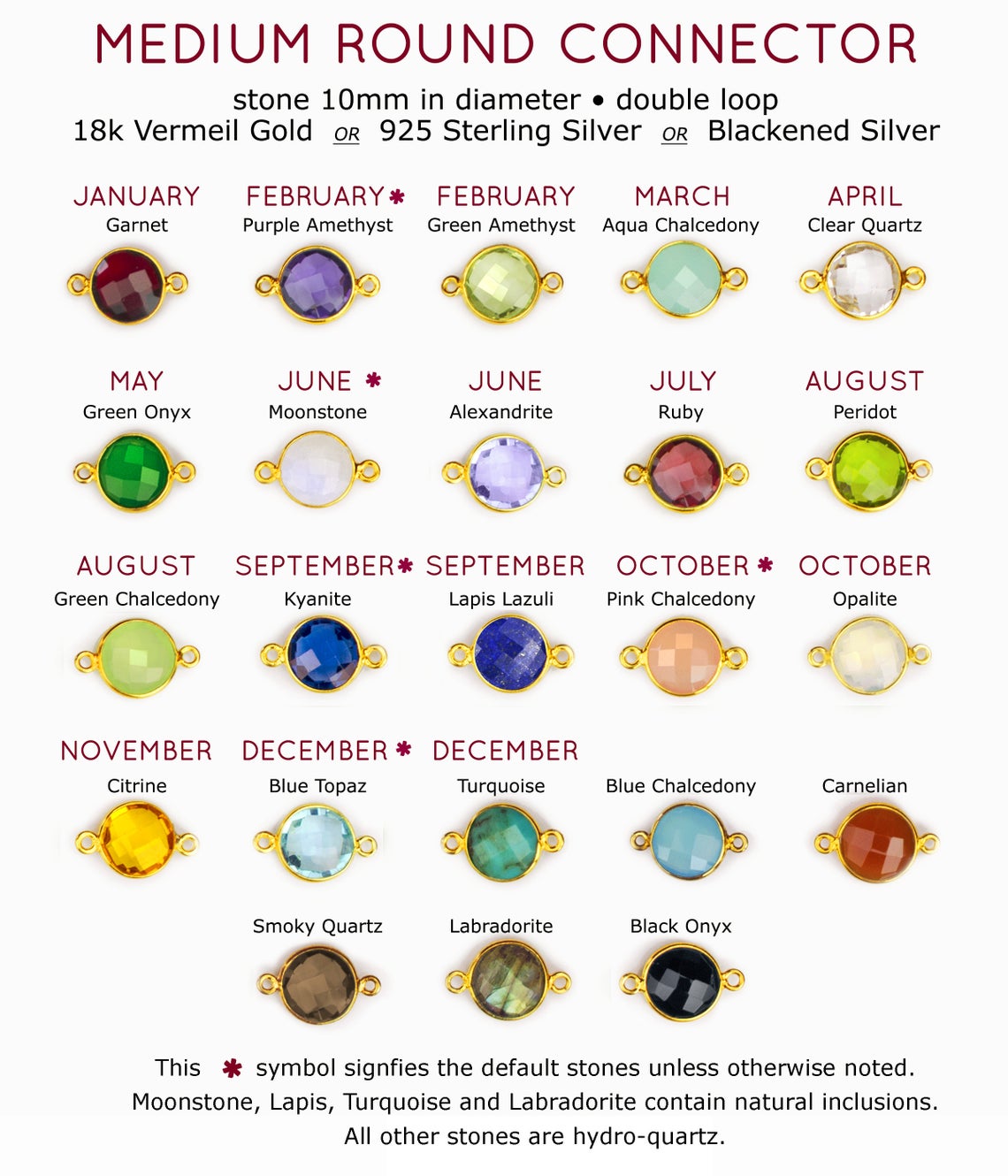 Medium round connector birthstone chart for personalized birthstone initial bracelet, showing 10mm double-loop bezel stones for each month in 18k vermeil gold, .925 sterling silver or blackened silver. Includes January Garnet, February Purple and Green Amethyst, March Aqua Chalcedony, April Clear Quartz, May Green Onyx, June Moonstone and Alexandrite, July Ruby, August Peridot and Green Chalcedony, September Kyanite and Lapis, October Pink Chalcedony and Opalite, November Citrine, December Blue Topaz, Turqu