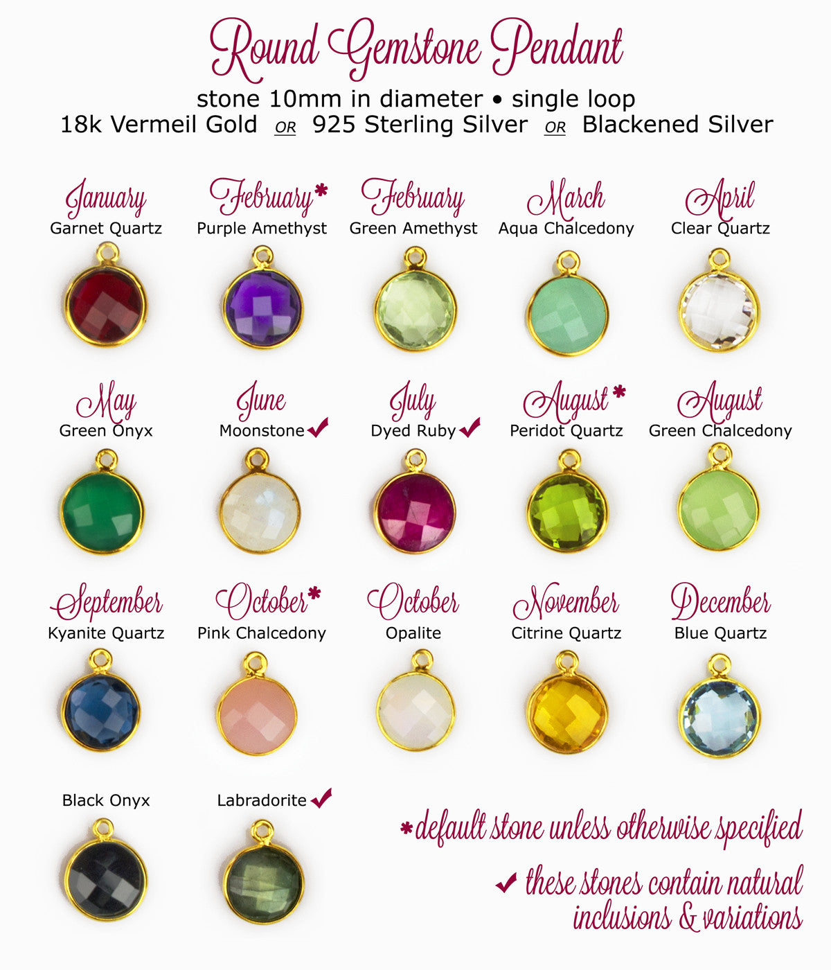 10mm birthstone pendants come in a variety of options including garnet, purple amethyst, green amethyst, aqua chalcedony, clear, green onyx, moonstone, dyed ruby, peridot, green chalcedony, kyanite, pink chalcedony, opalite, citrine, blue quartz, black onyx and labradorite