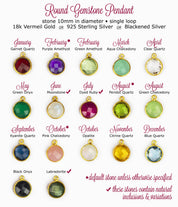 10mm birthstone pendants come in a variety of options including garnet, purple amethyst, green amethyst, aqua chalcedony, clear, green onyx, moonstone, dyed ruby, peridot, green chalcedony, kyanite, pink chalcedony, opalite, citrine, blue quartz, black onyx and labradorite