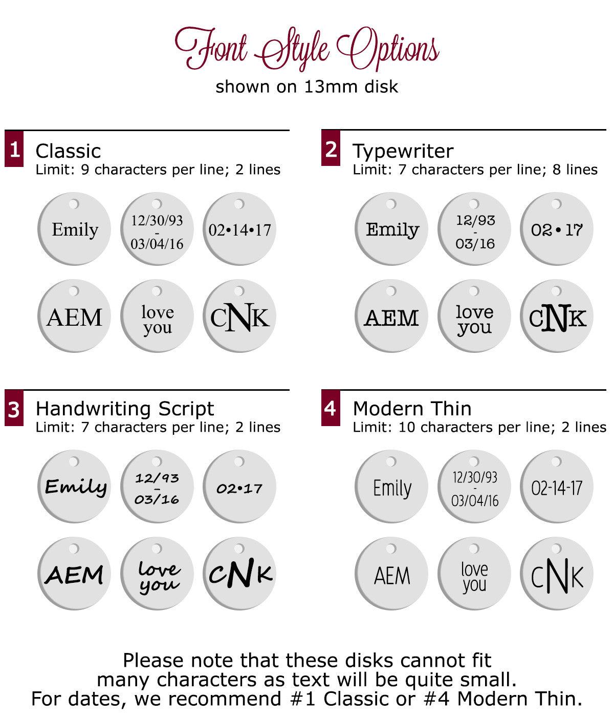 Choose from one of our font styles to engrave a name, date, initials or short message in classic, typewriter, script or modern thin fonts