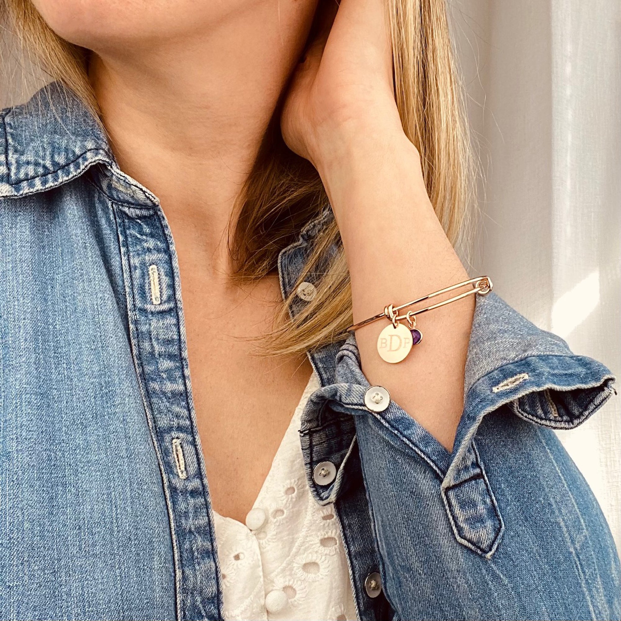 Personalized Monogram Bangle Bracelet with Birthstone Charm