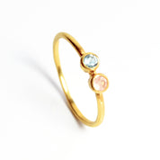 Yellow Gold Birthstone Ring With Two Stones Sky Blue Topaz Pink Chalcedony