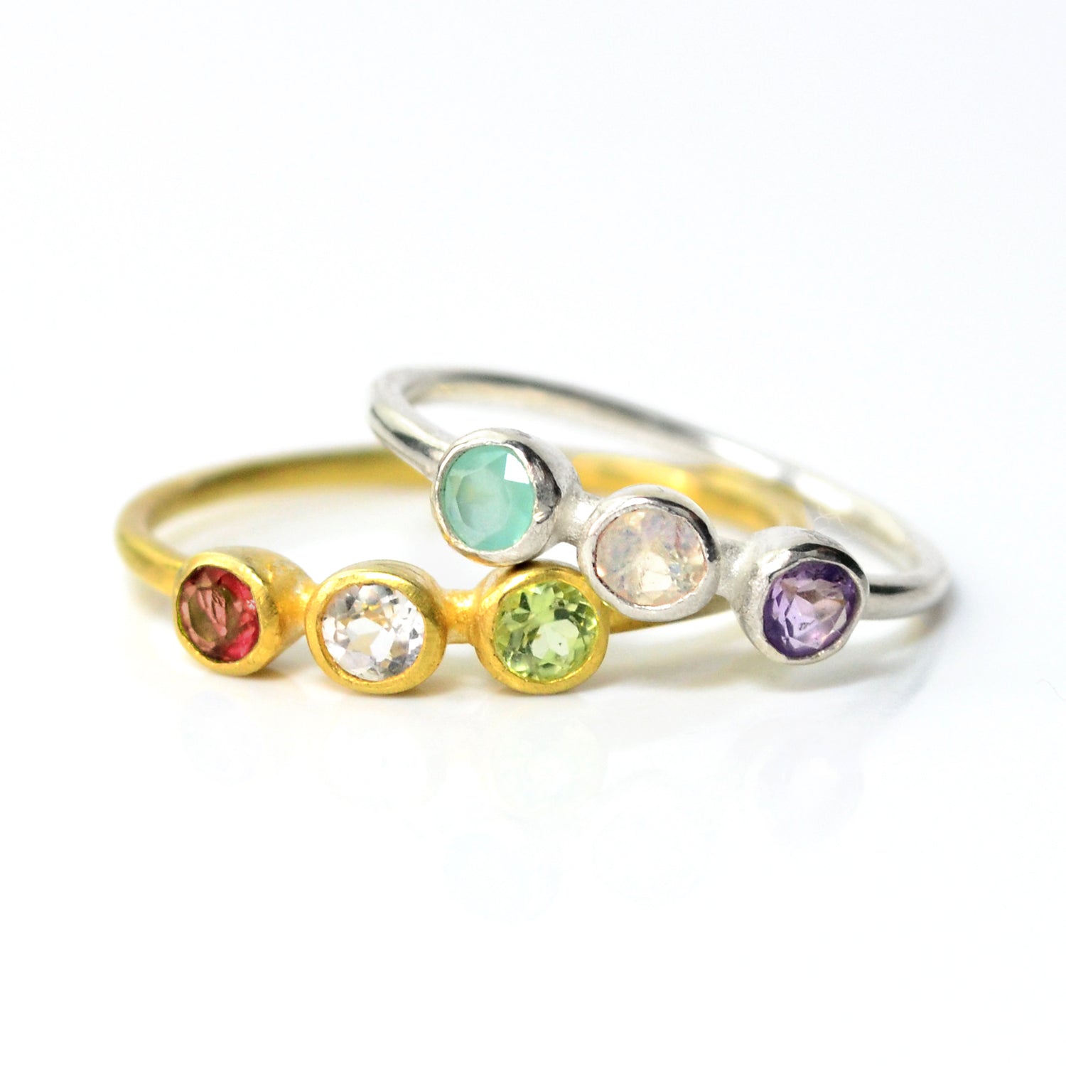 Dainty Triple Birthstone Ring Mother of Three Ring Gold