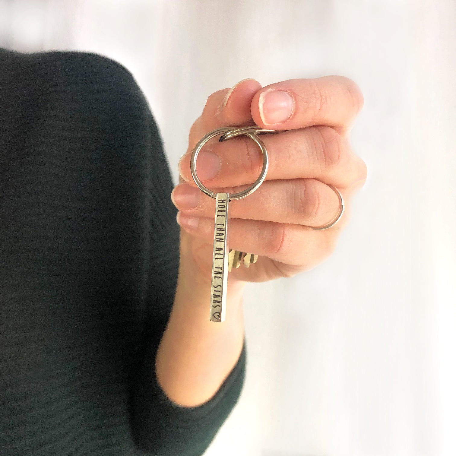 Silver Stainless Steel Keychain More Than All The Stars heart symbol Personalized Engraved Bar Keychain for Holding Keys