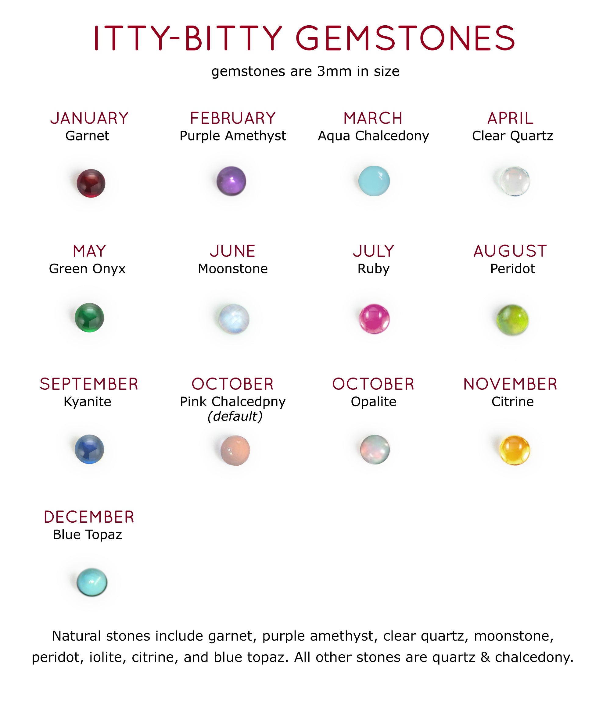 Itty bitty cabochon birthstone color chart showing twelve months of tiny gemstone options for custom bar bracelet, including garnet, amethyst, aquamarine, emerald, ruby, peridot, sapphire, opal, topaz and more, to help customers choose their stone.