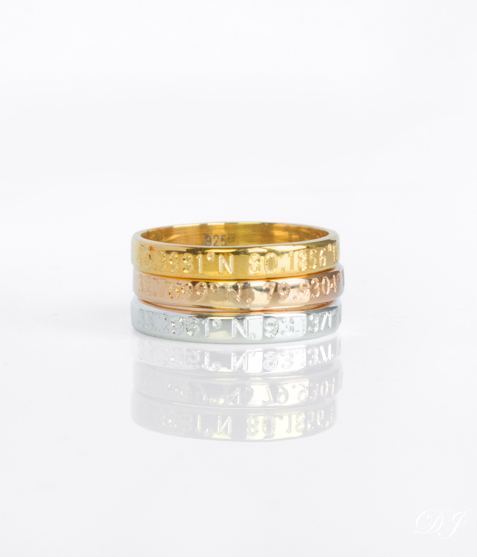 Gold-plated or Rose Gold-plated 3mm wide engraved ring sterling silver custom engraving geographic coordinates
