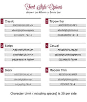 Skinny bars can be engraved with morse code or plain text. Choose from our font style options n the 40mmx3mm bar including classic, typewriter, scripts, block, or modern thin. 