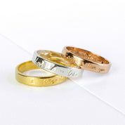 3 engraved ring bands in gold, silver and rose gold. Engraved fingerprint band, personalized handwriting ring, custom thin ring, sterling silver band, gold jewelry, rose gold band, engraved names, dates, coordinates, meaningful gift, real photo engraving, inside or outside engraving, sentimental keepsake, stylish ring