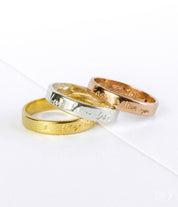 Three Ring Bands in Vermeil Rose Gold, Sterling Silver, and Vermeil Gold each personalized with engravings of actual handwriting text. Ring Bands can be engraved on both the outside and inside. Love Note Actual Handwriting Engraved Ring, Anniversary Gift for Him, Personalized Rings for Couples, I love You Handwriting Ring, Valentine's Day Gift for Husband, Kid's Handwriting Ring for Dad