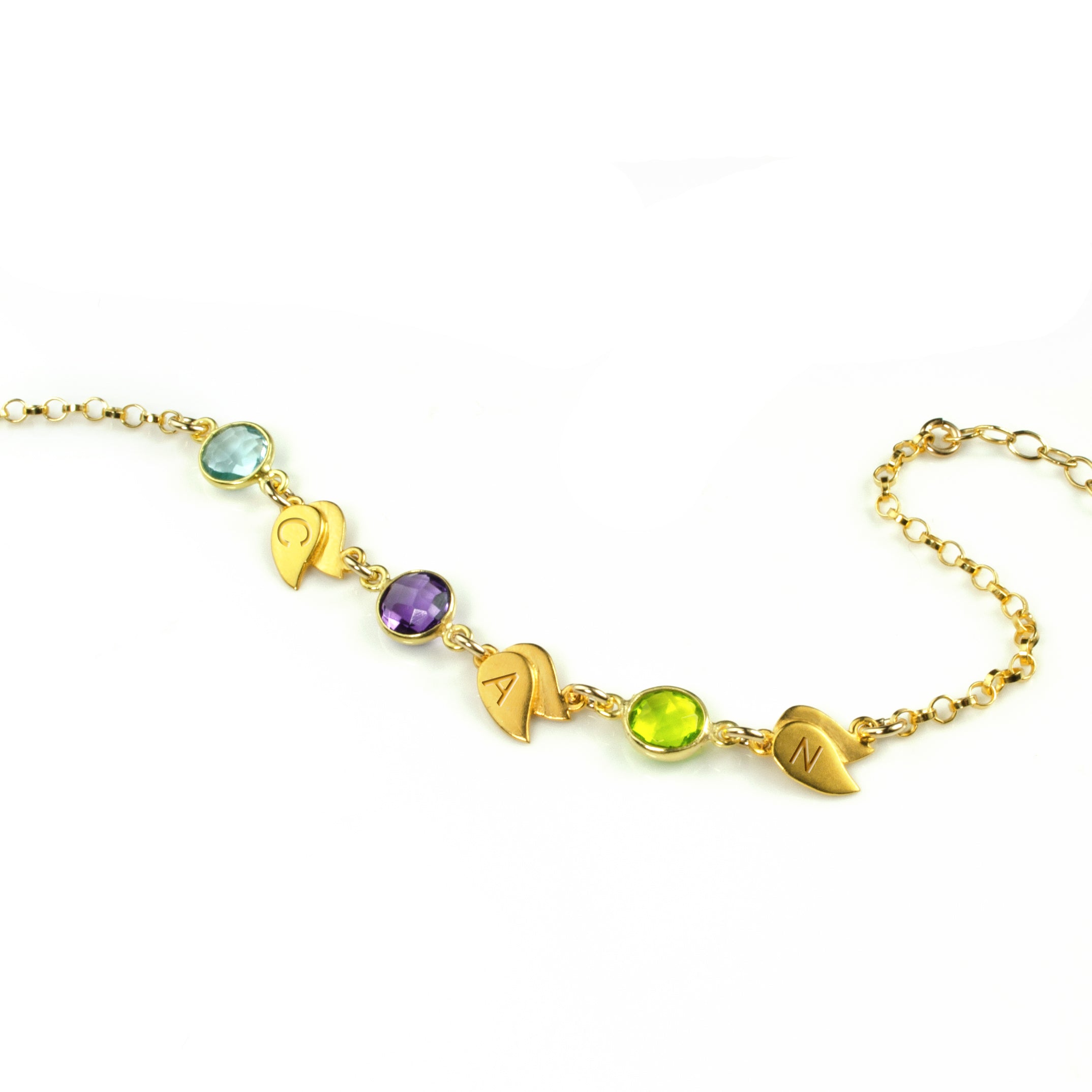 18k Vermeil Gold Charms 14k Gold-filled Rolo Chain Bracelet with Kids Birthstones and Initials Engraved on Leaf Charms