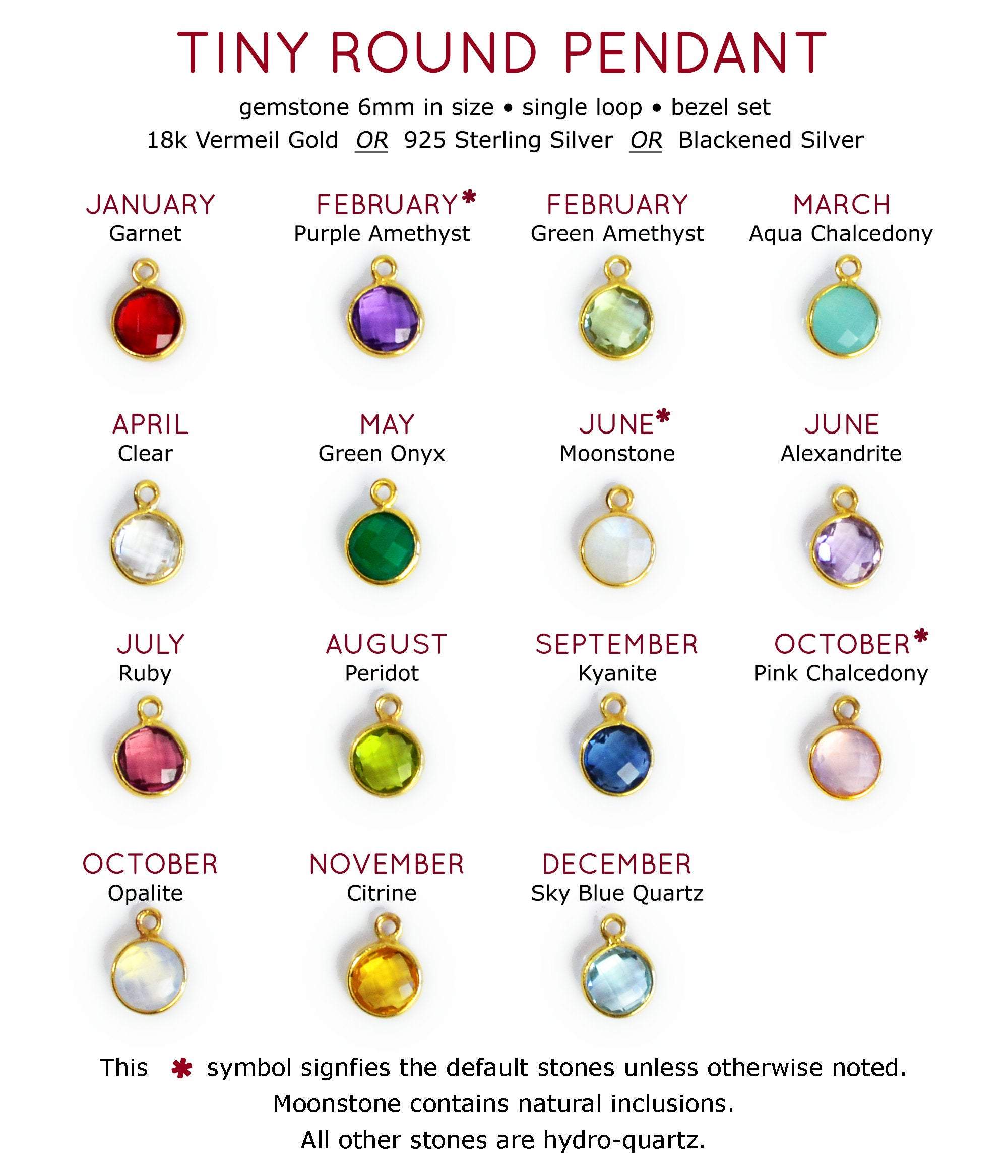 Tiny 6mm round stones include garnet, purple amethyst, green amethyst, aqua chalcedony, clear, green onyx, moonstone, alexandrite, ruby, peridot, kyanite, pink chalcedony, opalite, citrine and sky blue quartz