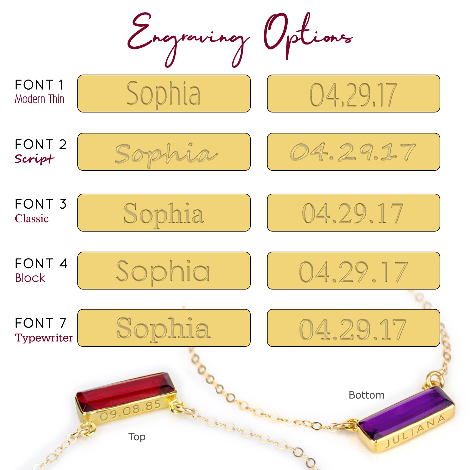 Choose from our engraving font options include modern thin, script, classic, block and typewriter. Please limit engraving text to 10 characters. 