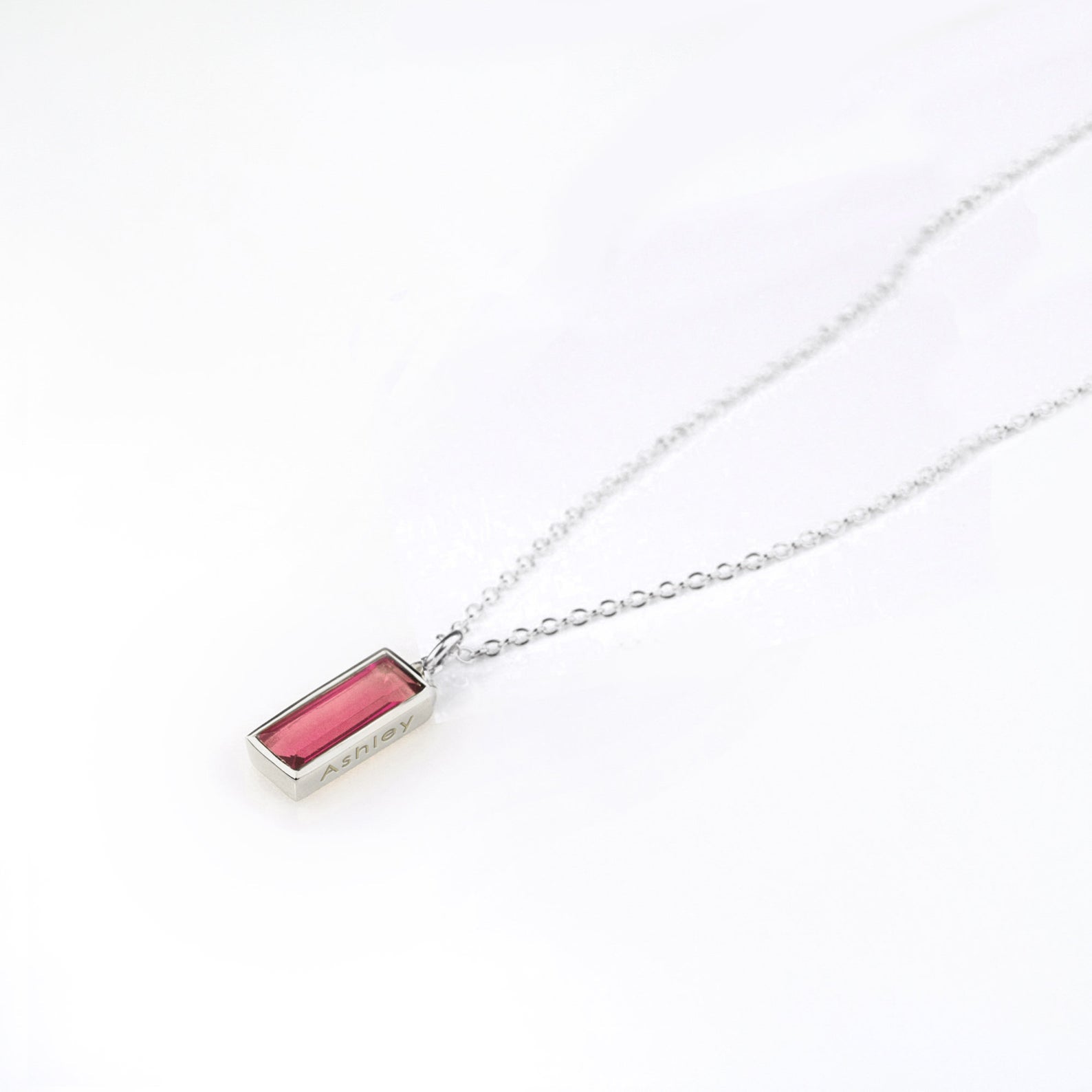 Single sterling silver cable chain with ruby quartz vertical adira bar  with secret engraving necklace July birthstone on white background