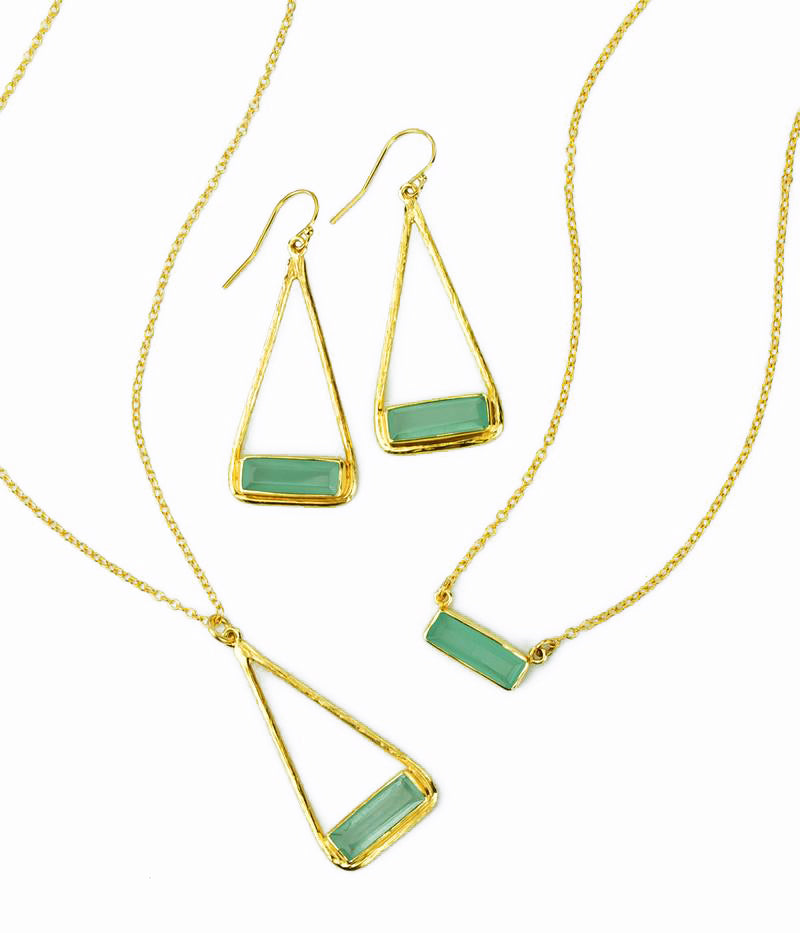 Aqua Chalcedony Adira Bar Triangle Frame Necklace, Sterling Silver, Gold Vermeil, Modern Boho Chic Frame Pendant Necklace for Women, March Birthstone