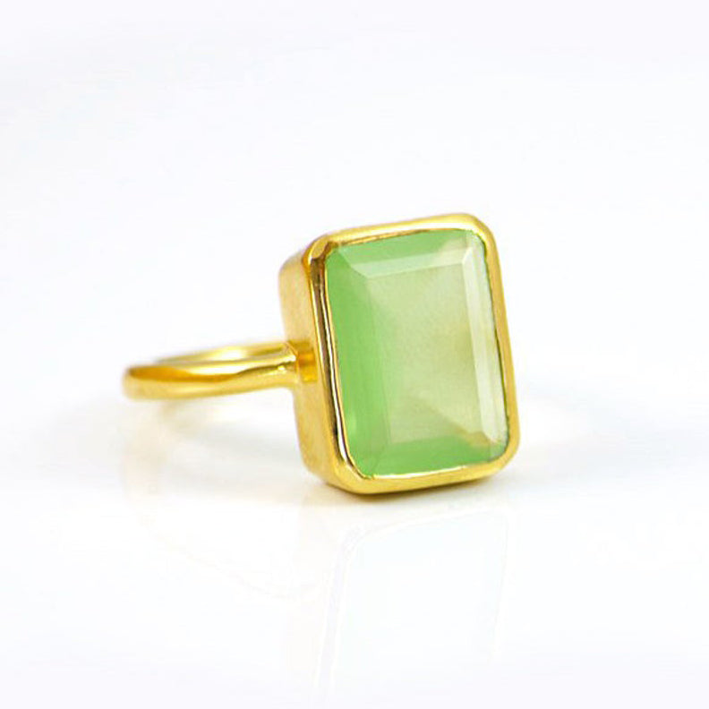 Green Chalcedony rectangle bezel set ring August Birthstone