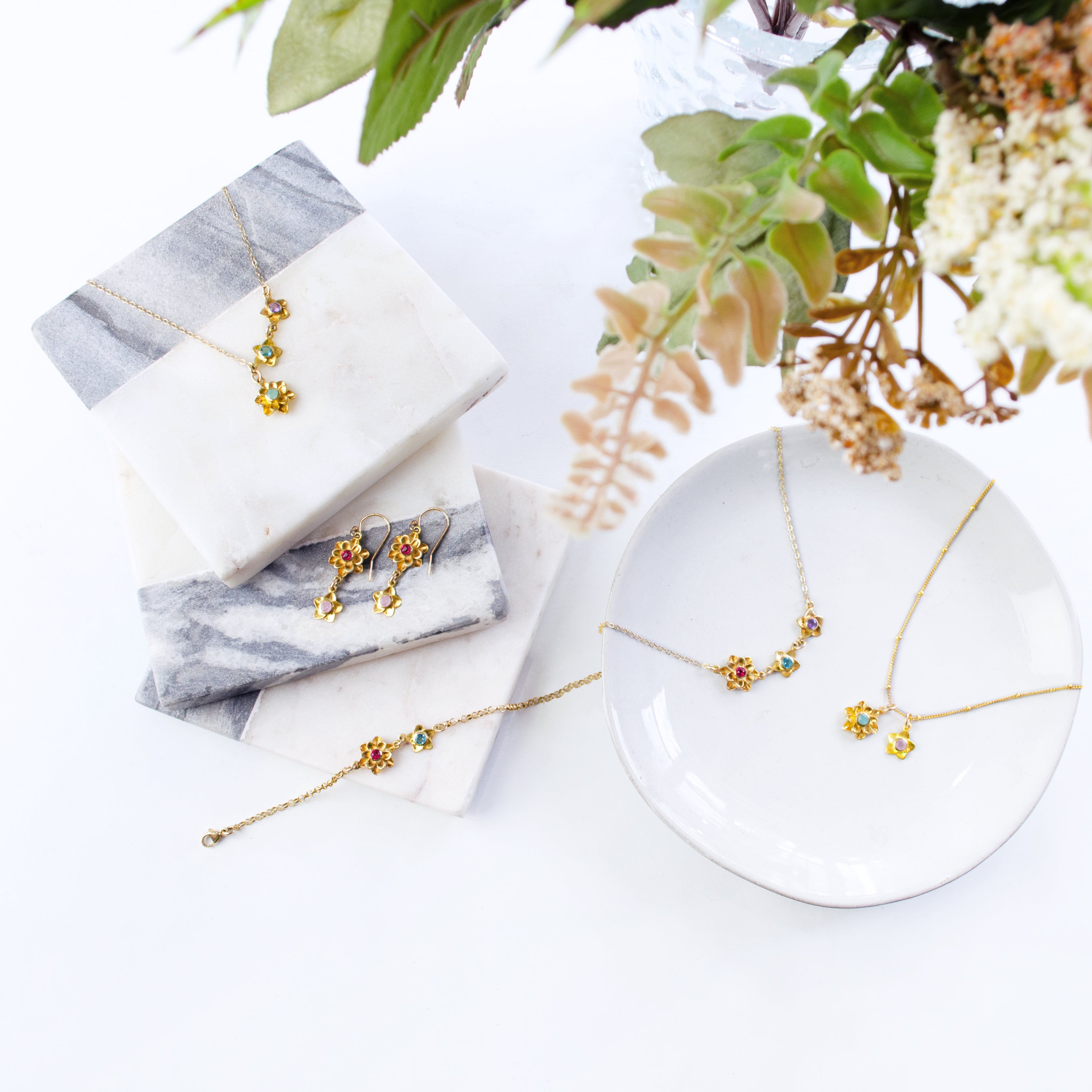 Bloom Birthstone Charm Necklace for Mom, Flower Pendants