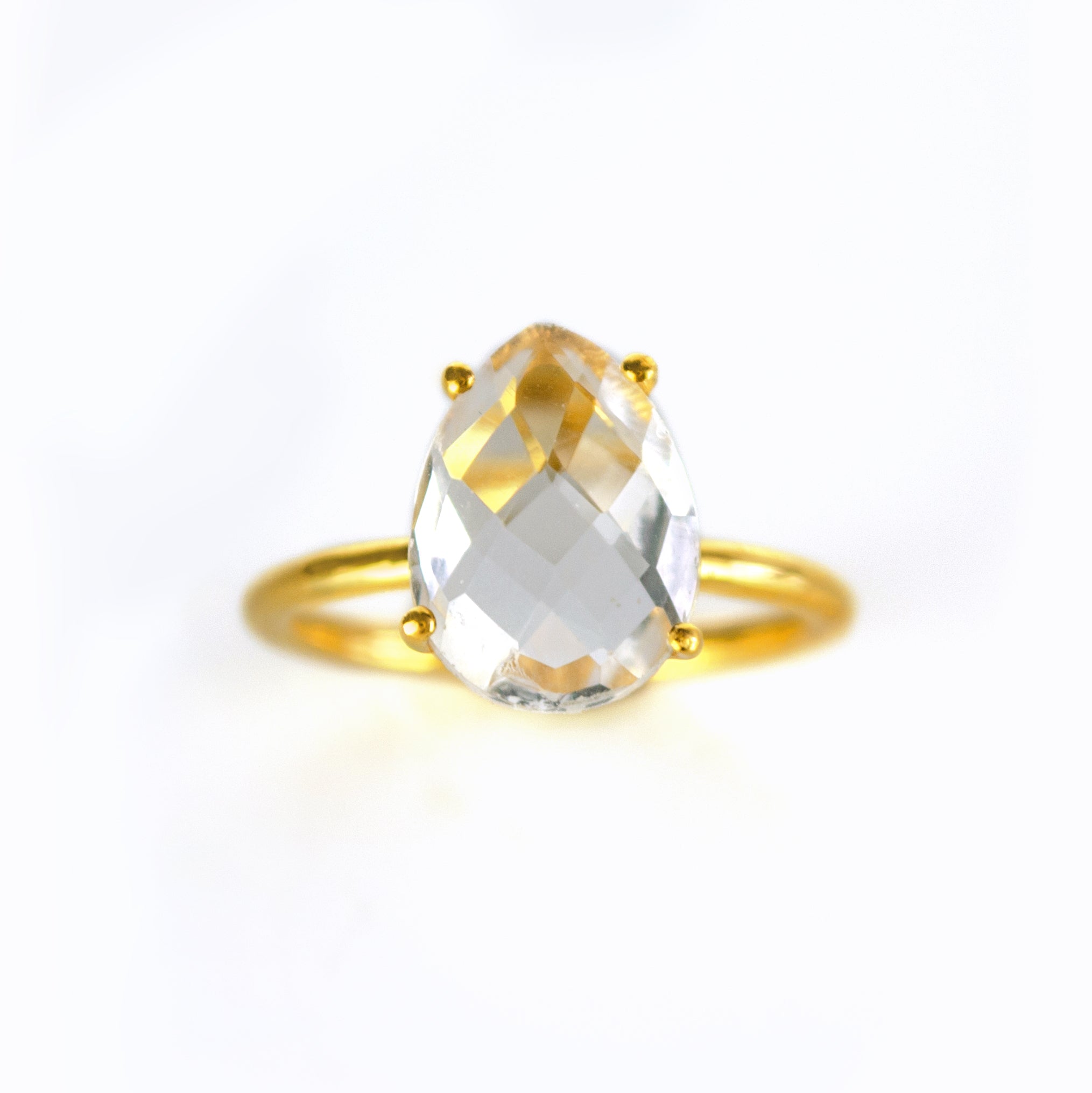 Clear Quartz Teardrop Prong Set Ring • April Birthstone