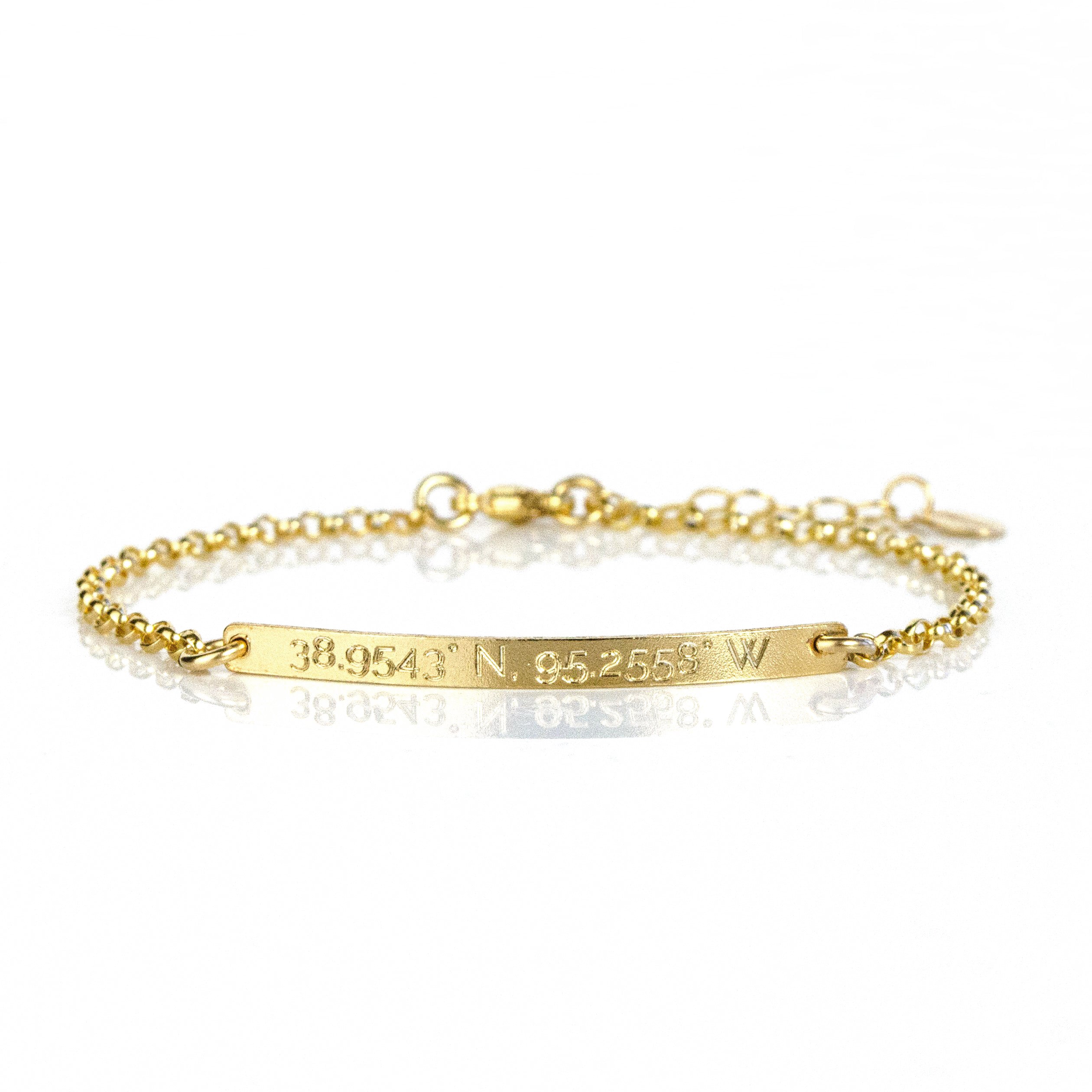 14K Gold Filled Dainty Skinny Bar Bracelet with adjustable length custom engraved with coordinates. Personalized Coordinates Bracelet engraved with location coordinates of wedding, first date, birth of child. Personalized Engraved Dainty Gold Bar Bracelet for Her