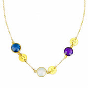 Single gold filled brushed initial disk and gemstone necklace with kyanite, moonstone and purple amethyst birthstones. 