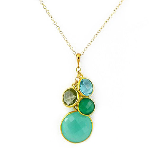 Single gold filled cable chain mothers round cascade birthstone necklace featuring a large aqua chalcedony gemstone and blue quartz, green amethyst and green onyx representing the kids birthstones on a white background