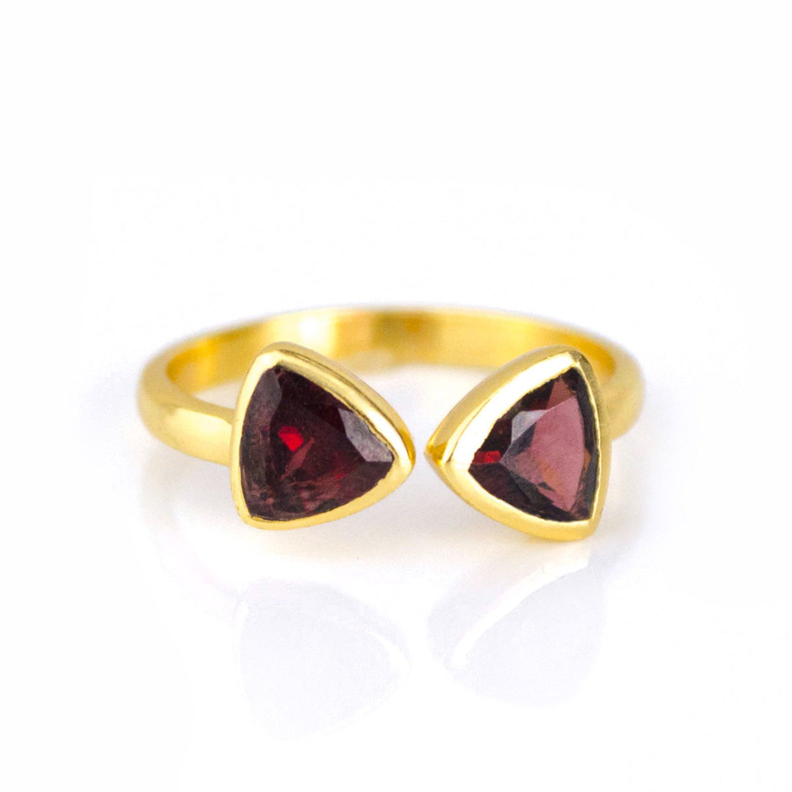 Garnet triangle ring, adjustable Garnet ring, double triangle Garnet, personalized Garnet jewelry, sterling silver Garnet ring, gold Garnet ring, rose gold Garnet ring, unique Garnet gemstone, custom triangle-cut Garnet, elegant red gemstone ring, bespoke Garnet jewelry, chic Garnet accessory, Garnet stacking ring, adjustable gemstone ring, trendy triangle ring, custom Garnet gift, unique birthstone ring, Garnet jewelry, vibrant red Garnet ring