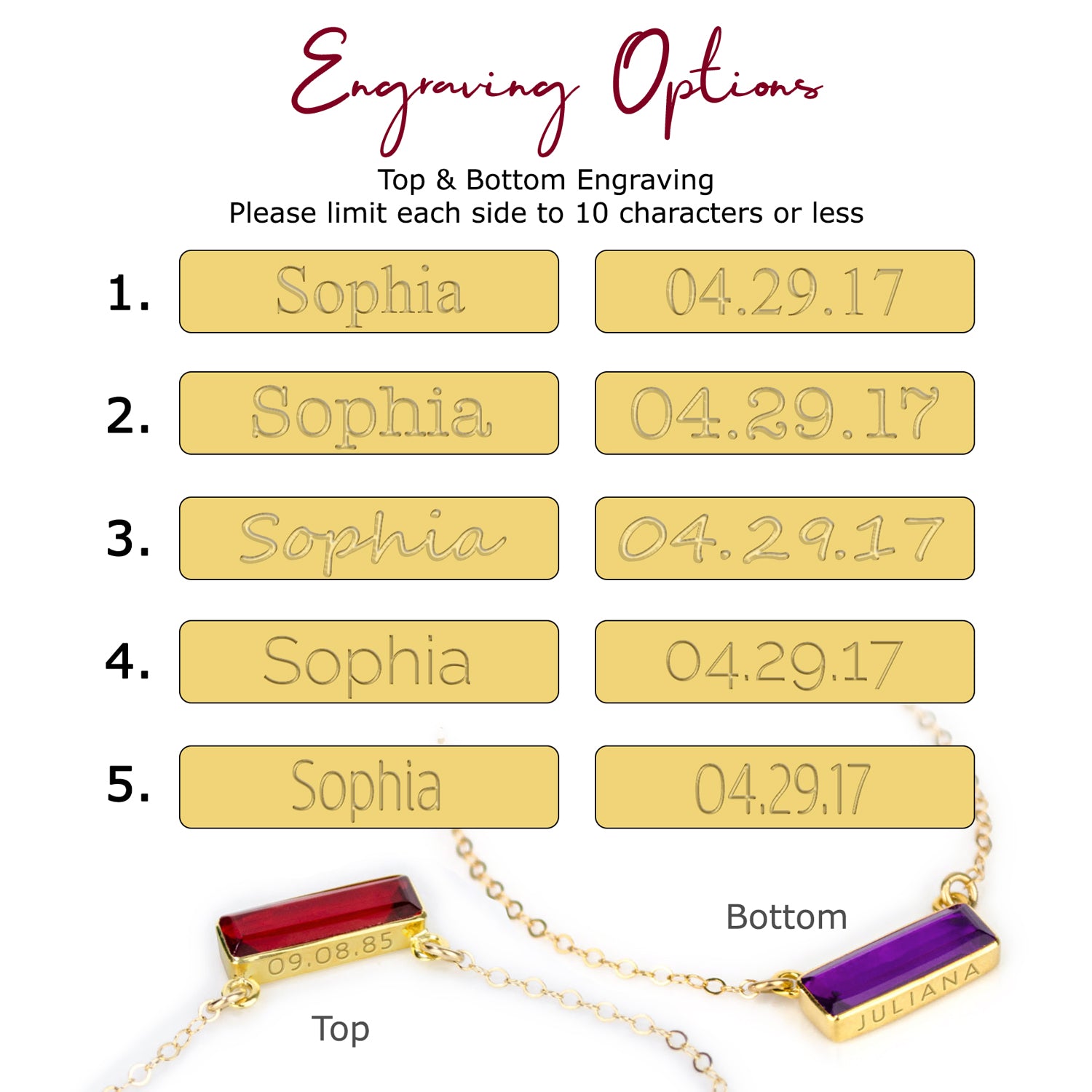Choose from our engraving font options include modern thin, script, classic, block and typewriter. Please limit engraving text to 10 characters. 