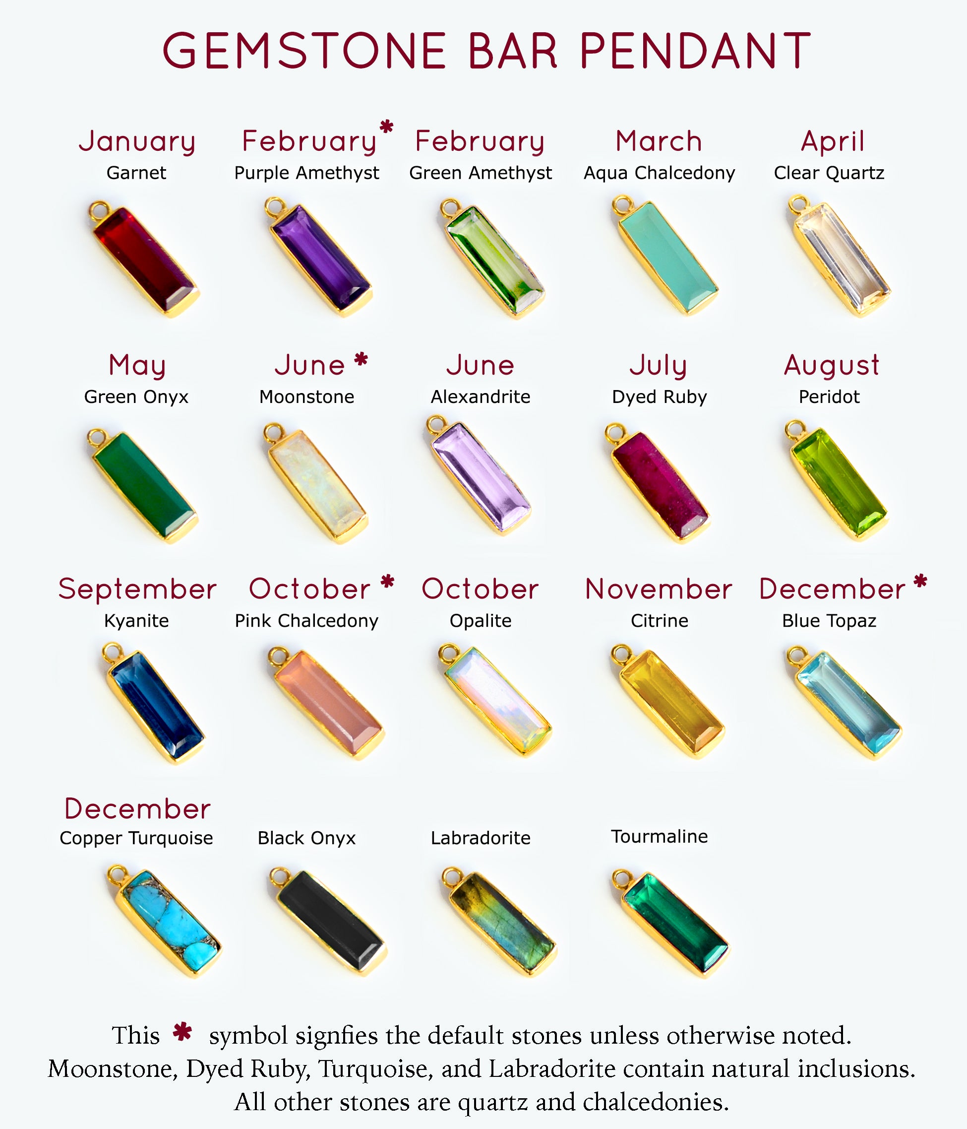 Adira gemstone bar connectors come in a variety of stone options including garnet, purple amethyst, green amethyst, aqua, clear, green onyx, alexandrite, moonstone, ruby, peridot, kyanite, pink chalcedony, opalite, citrine sky blue, copper turquoise, labradorite, green tourmaline, and black onyx. 