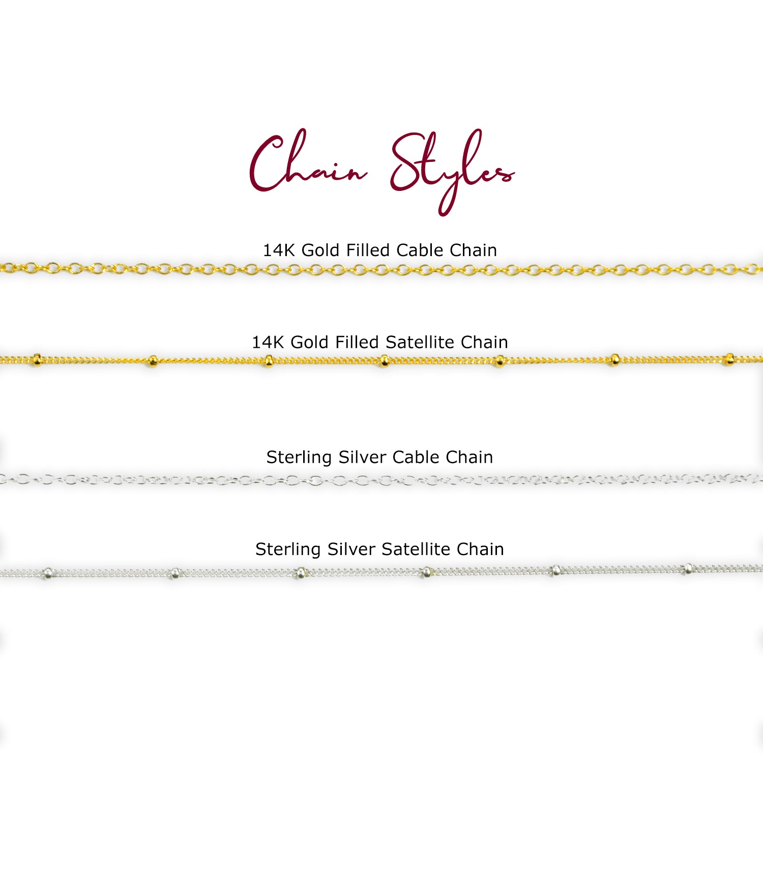 Chain style example with gold filled and sterling silver cable and satellite chains. 