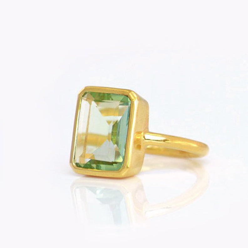 Green Amethyst rectangle bezel set ring: February Birthstone
